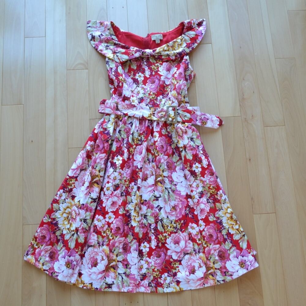 Lindy Bop Fit and Flare Midi Dress Red Floral Size L
